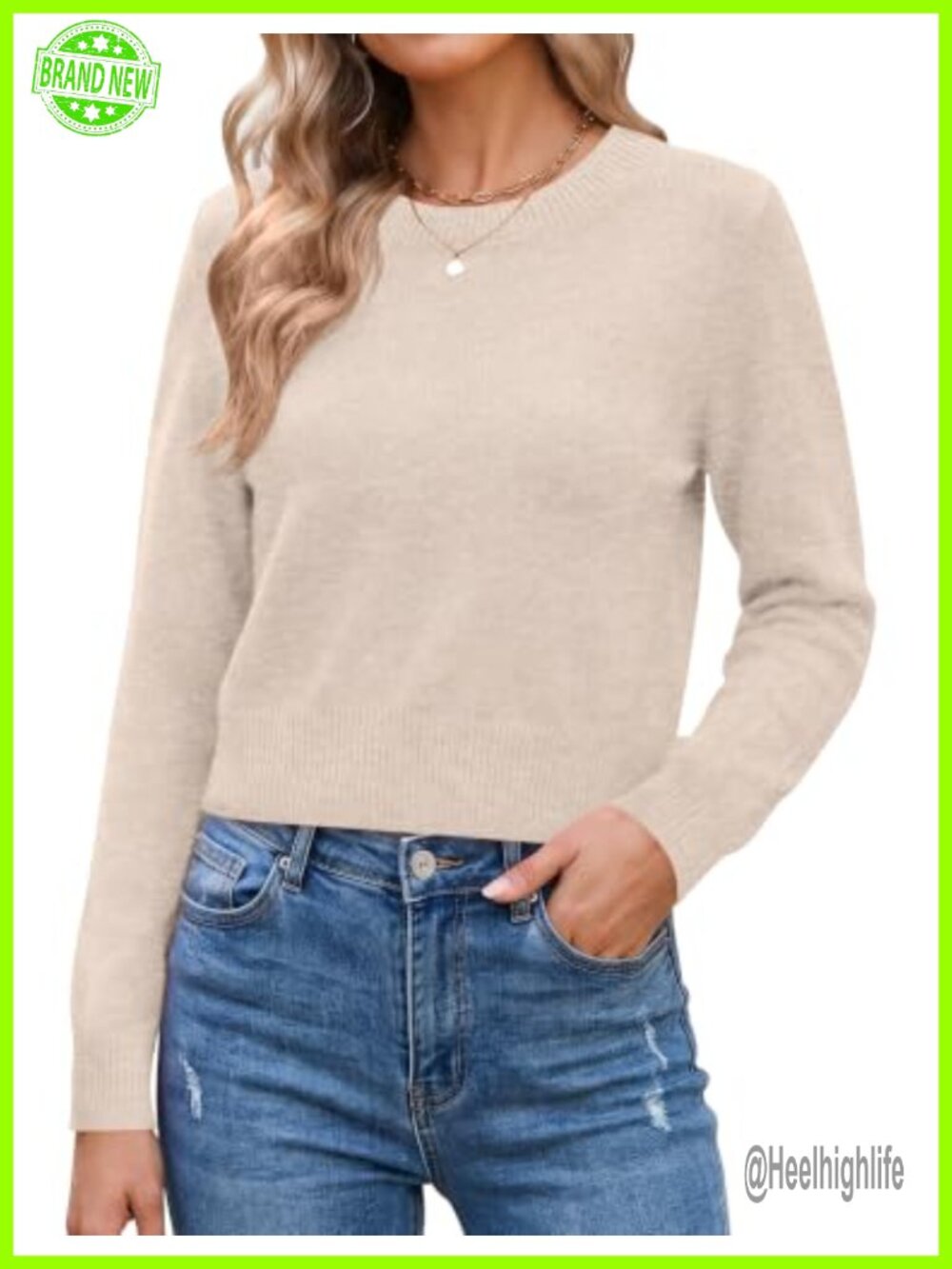 Women's Cropped Crewneck Sweater Long Sleeve Knit Pullover Fall